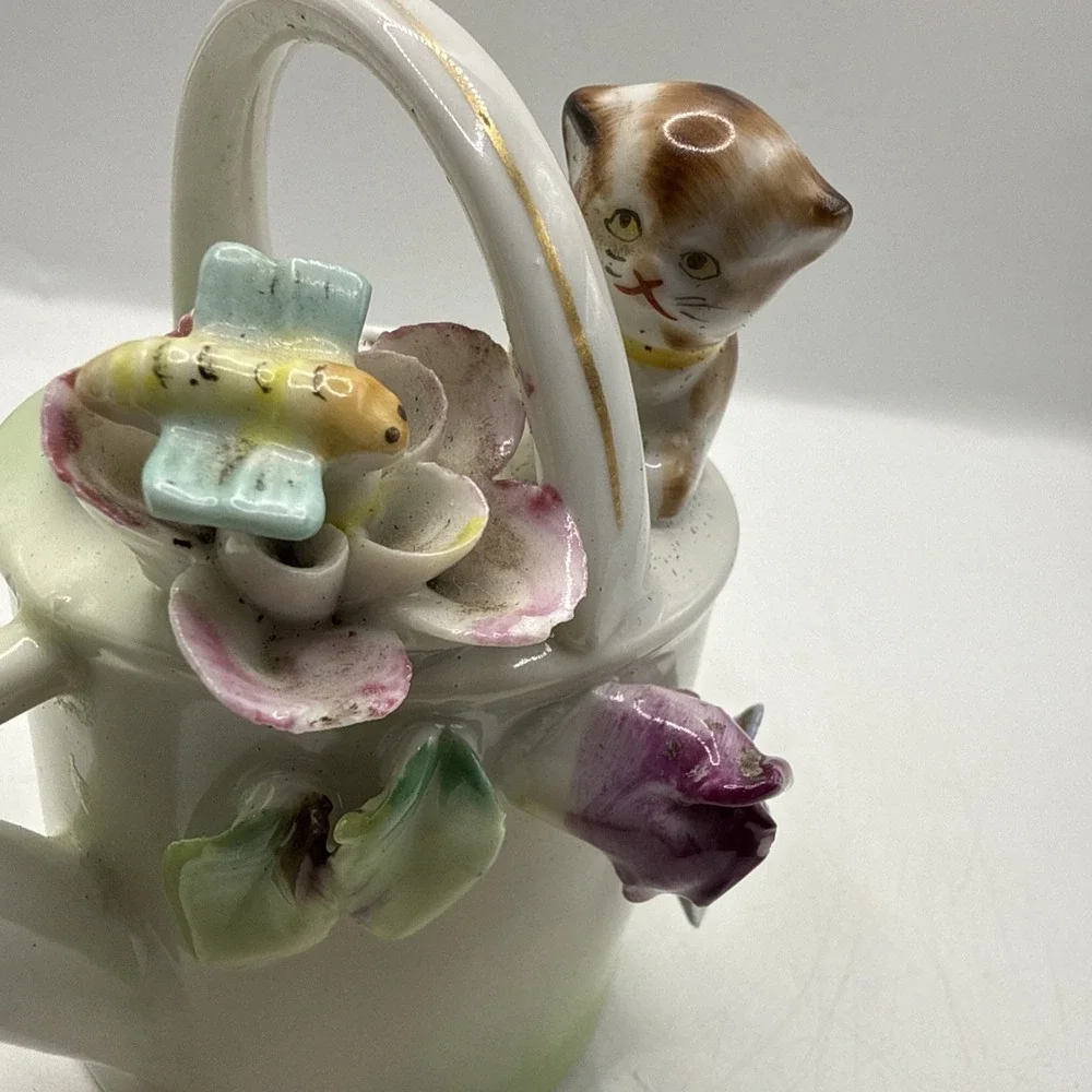 Vintage Lefton Mini Watering Can Creamer Cat Bee Hand Painted Japan